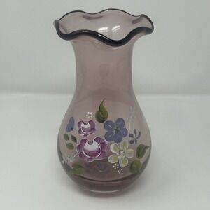 Teleflora by Fenton Hand Painted Floral 8" Tall Heavy Amethyst Glass Vase